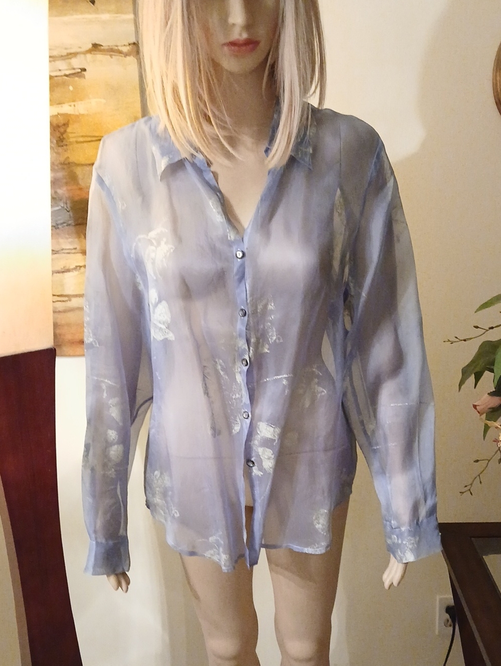 august silk Sheer Light Blue Button-Down Blouse with Metallic Floral Accents
